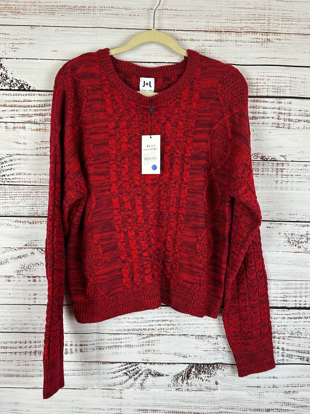 John & Jenn Red Gray Blend Cable Knit Sweater Casual Career Womens Size M NEW